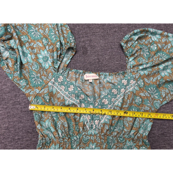 Boemo Womens Blue Green Floral Puff Sleeve Elastic Waist Pockets Slit Dress L - Picture 4 of 7